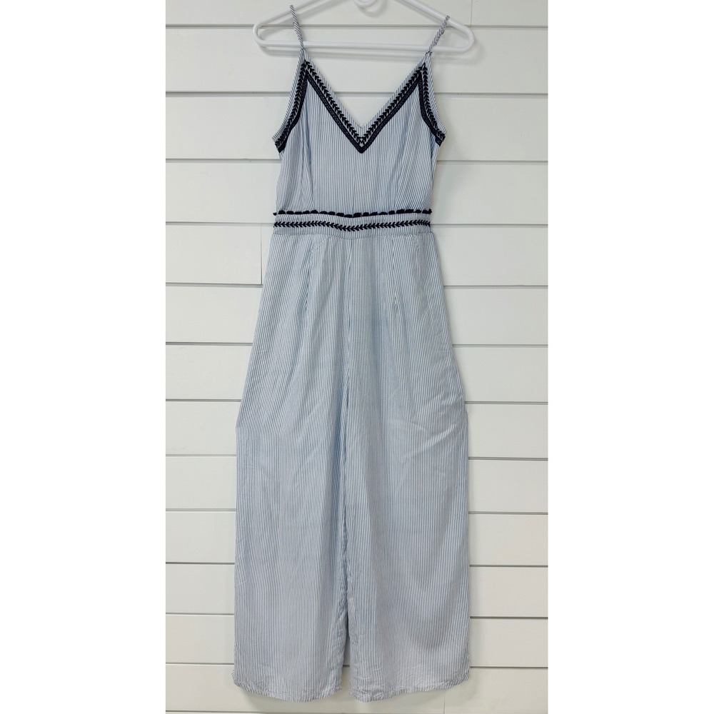 Japna Womens Blue White Striped Embroidered Wide Leg Jumpsuit Medium NWT - Picture 2 of 8